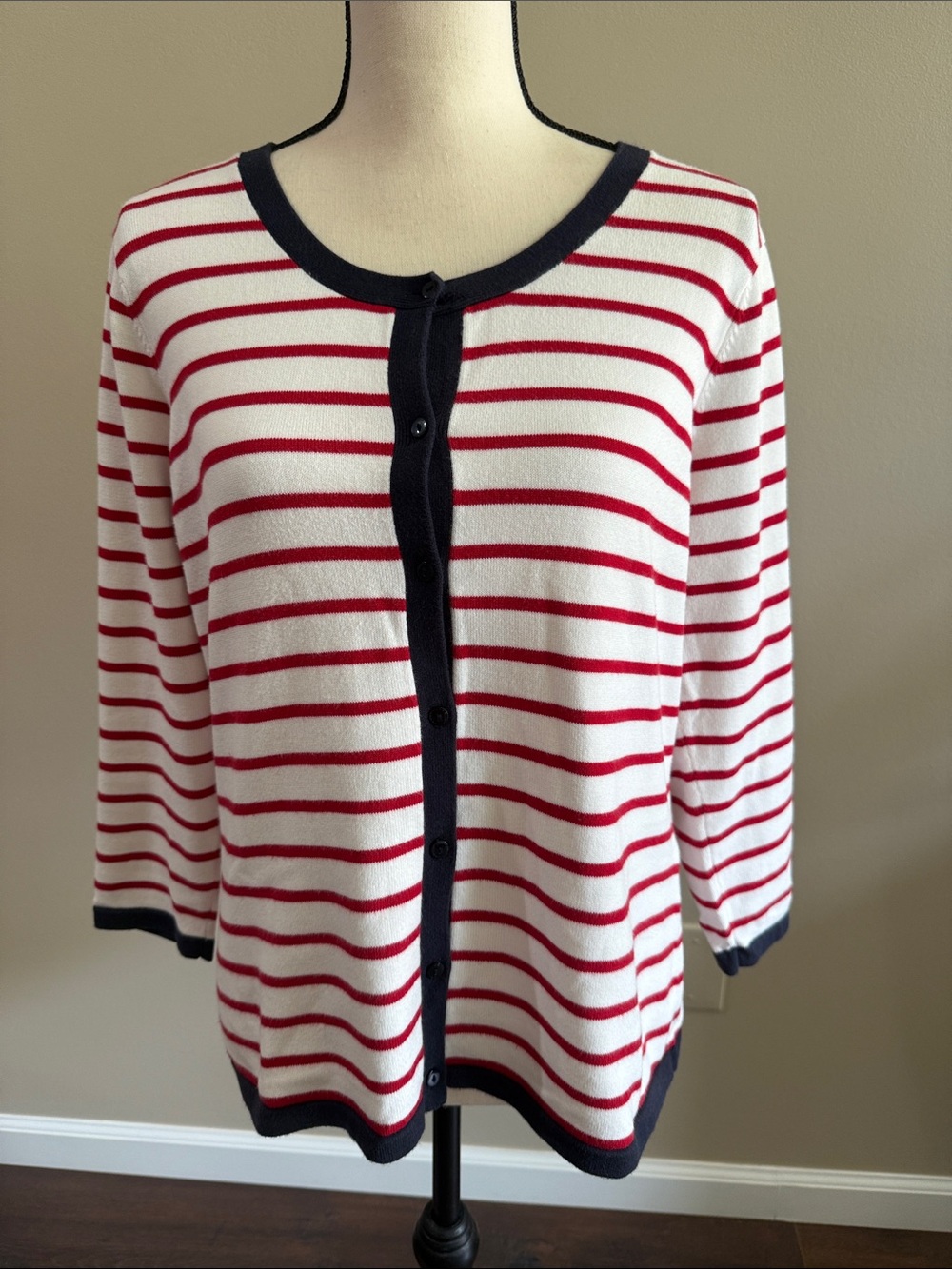 Talbots Red, White & Navy Striped Button-Front Cardigan with Navy Trim Size Lg